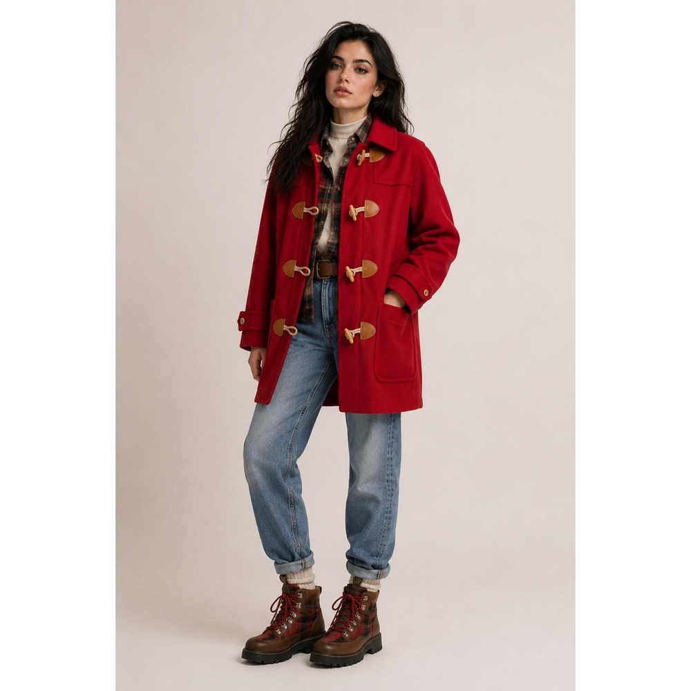 Vintage Eddie Bauer Red Wool Duffle Coat Toggle button Petite Small
